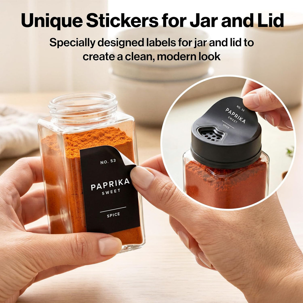 Glass Spice Jars with Labels & Black Rotating Lids – 12 Large Square Airtight Containers 6.7 oz / 200ml with Shaker Inserts, Funnel & 160 Waterproof Labels for Kitchen Pantry Organization