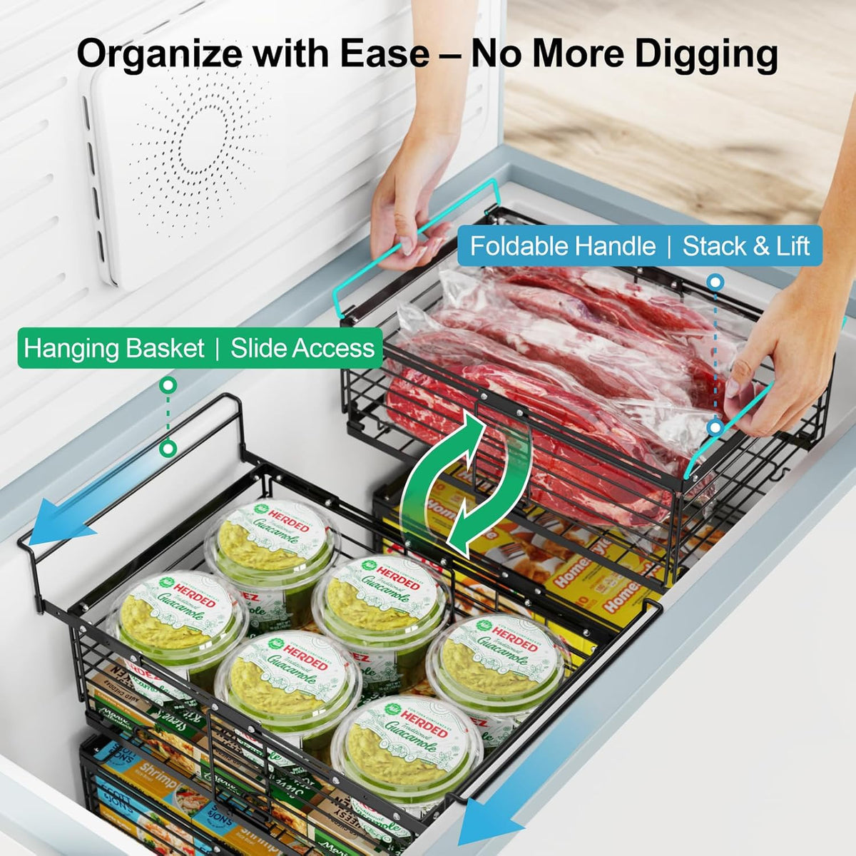 Chest Freezer Organizer - Adjustable Fits Chest Freezer 10-20 Cu Ft | Hanging Wire Baskets, Easy Access & Quick Organization, Sturdy Steel Rack Holds Frozen Meat and Vegetables, White