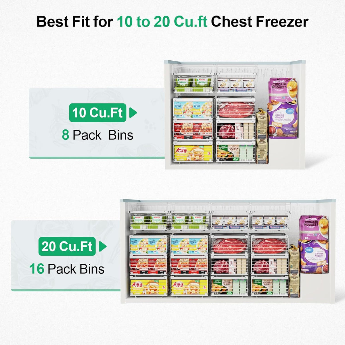 Chest Freezer Organizer - Adjustable Fits Chest Freezer 10-20 Cu Ft | Hanging Wire Baskets, Easy Access & Quick Organization, Sturdy Steel Rack Holds Frozen Meat and Vegetables, White