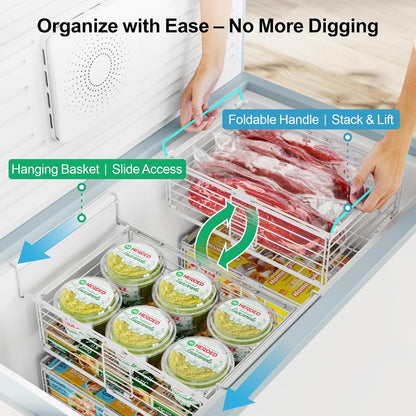 Chest Freezer Organizer - Adjustable Fits Chest Freezer 10-20 Cu Ft | Hanging Wire Baskets, Easy Access & Quick Organization, Sturdy Steel Rack Holds Frozen Meat and Vegetables, White