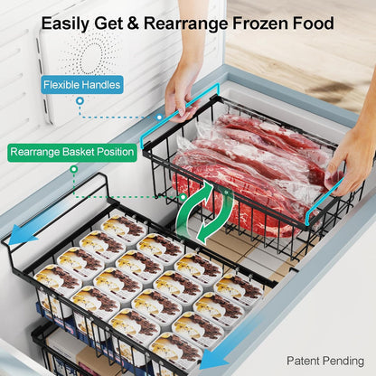 Chest Freezer Organizer - Adjustable Fits Chest Freezer 10-20 Cu Ft | Hanging Wire Baskets, Easy Access & Quick Organization, Sturdy Steel Rack Holds Frozen Meat and Vegetables, White