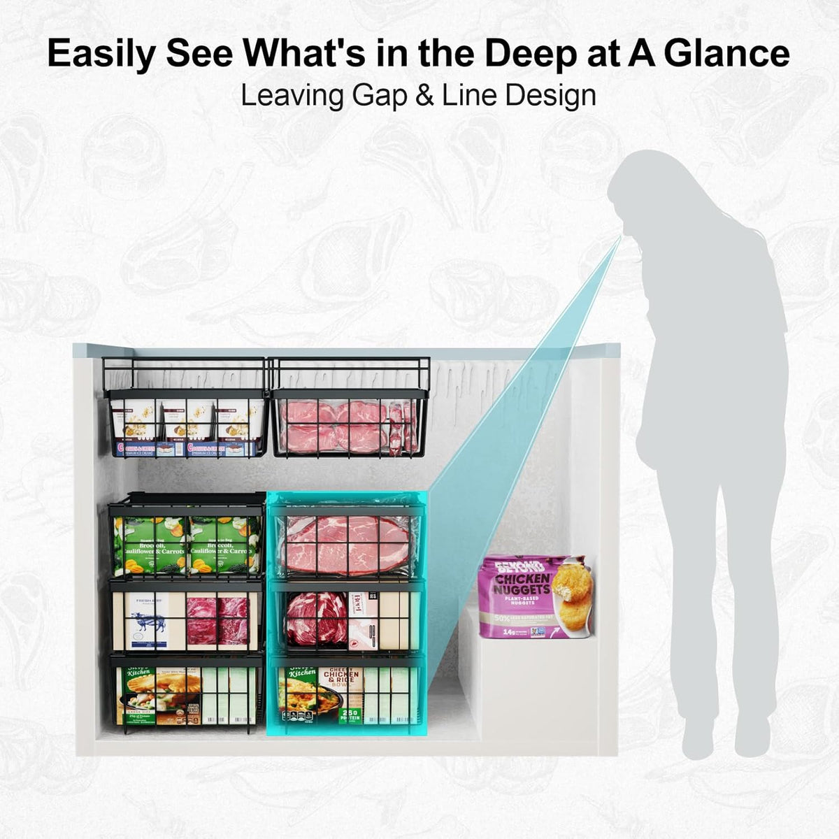Chest Freezer Organizer - Adjustable Fits Chest Freezer 10-20 Cu Ft | Hanging Wire Baskets, Easy Access & Quick Organization, Sturdy Steel Rack Holds Frozen Meat and Vegetables, White