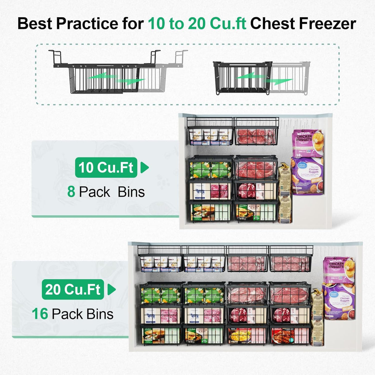 Chest Freezer Organizer - Adjustable Fits Chest Freezer 10-20 Cu Ft | Hanging Wire Baskets, Easy Access & Quick Organization, Sturdy Steel Rack Holds Frozen Meat and Vegetables, White