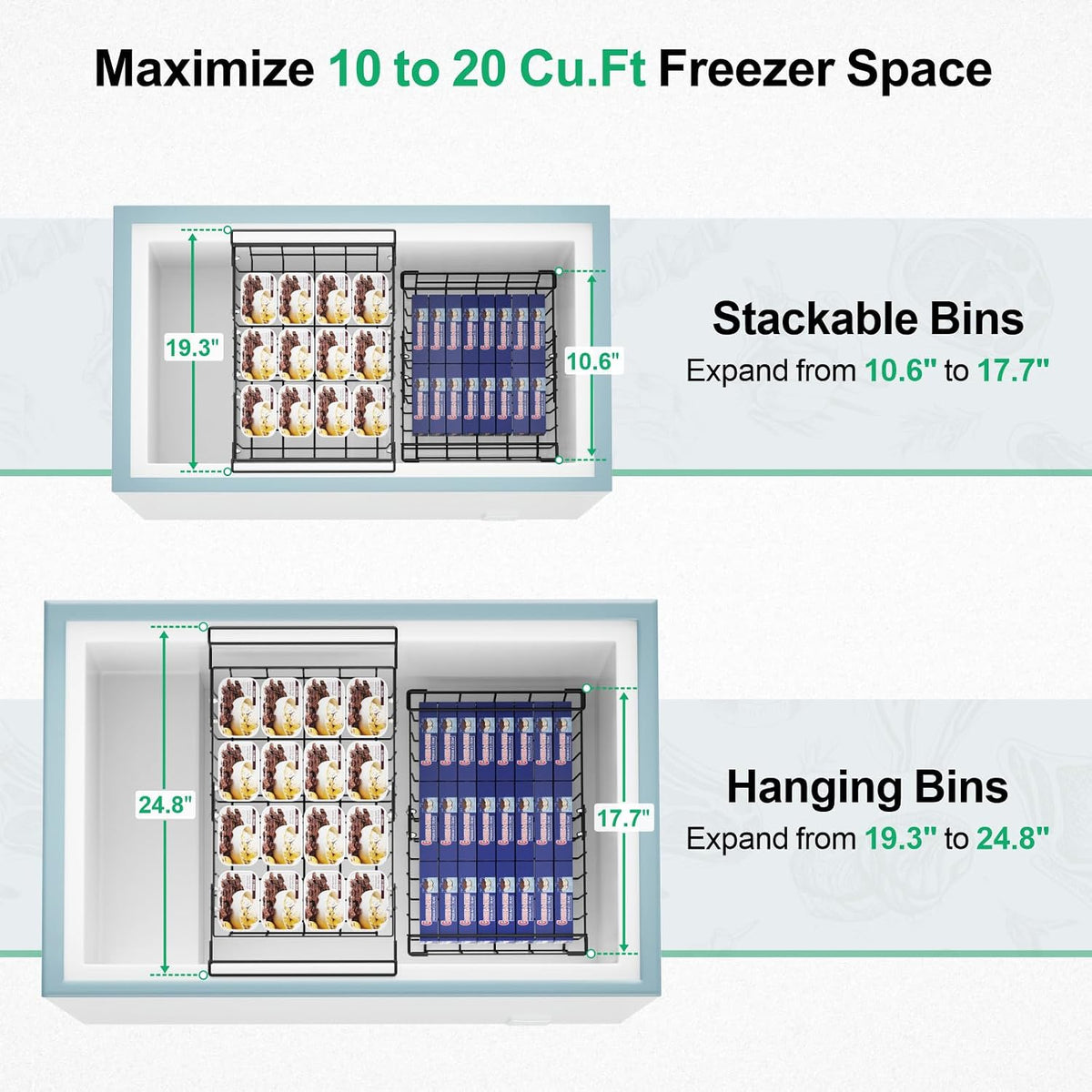Chest Freezer Organizer - Adjustable Fits Chest Freezer 10-20 Cu Ft | Hanging Wire Baskets, Easy Access & Quick Organization, Sturdy Steel Rack Holds Frozen Meat and Vegetables, White