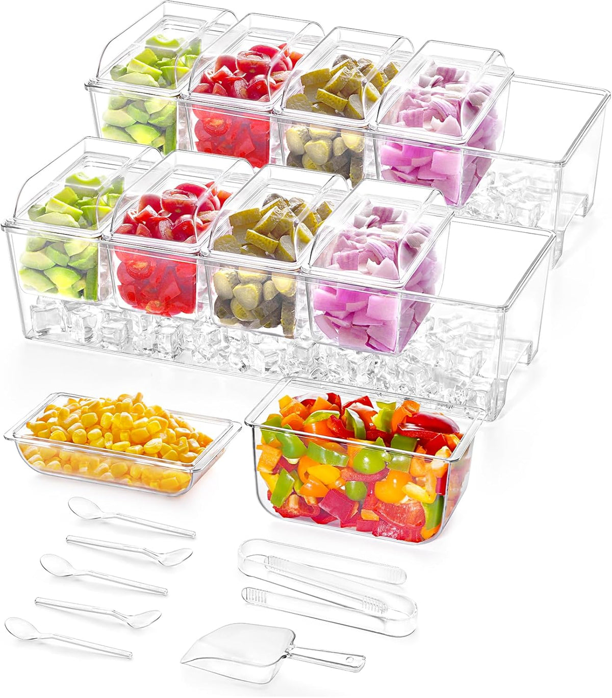 Taco Bar Serving Set for Party with 4 x 20 oz Containers, Ice Chilled Condiment Caddy Organizer, Garnish Serving Tray Platter for Mimosa Bar Accessories, Fruit, Salad, Food