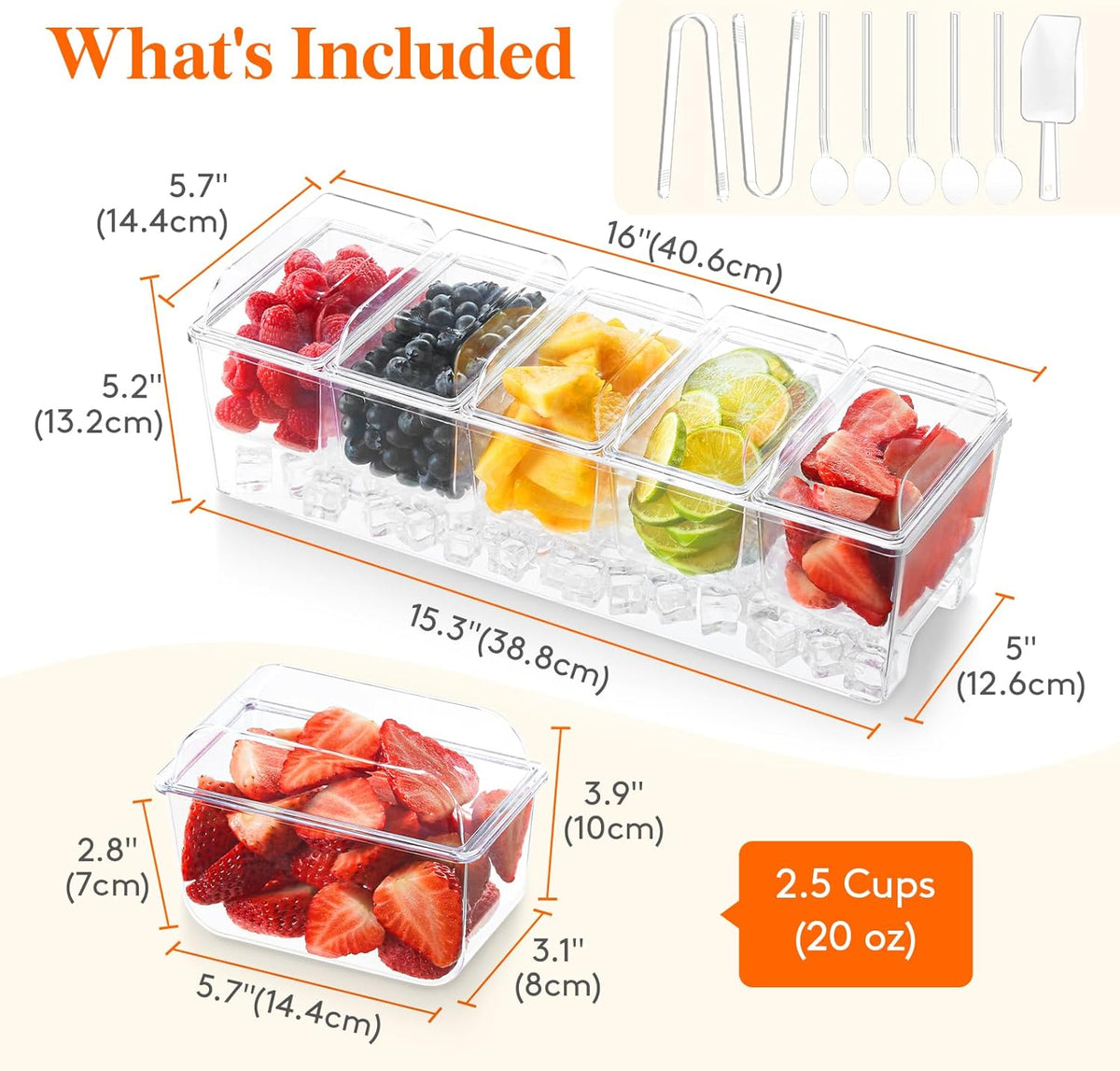 Taco Bar Serving Set for Party with 4 x 20 oz Containers, Ice Chilled Condiment Caddy Organizer, Garnish Serving Tray Platter for Mimosa Bar Accessories, Fruit, Salad, Food