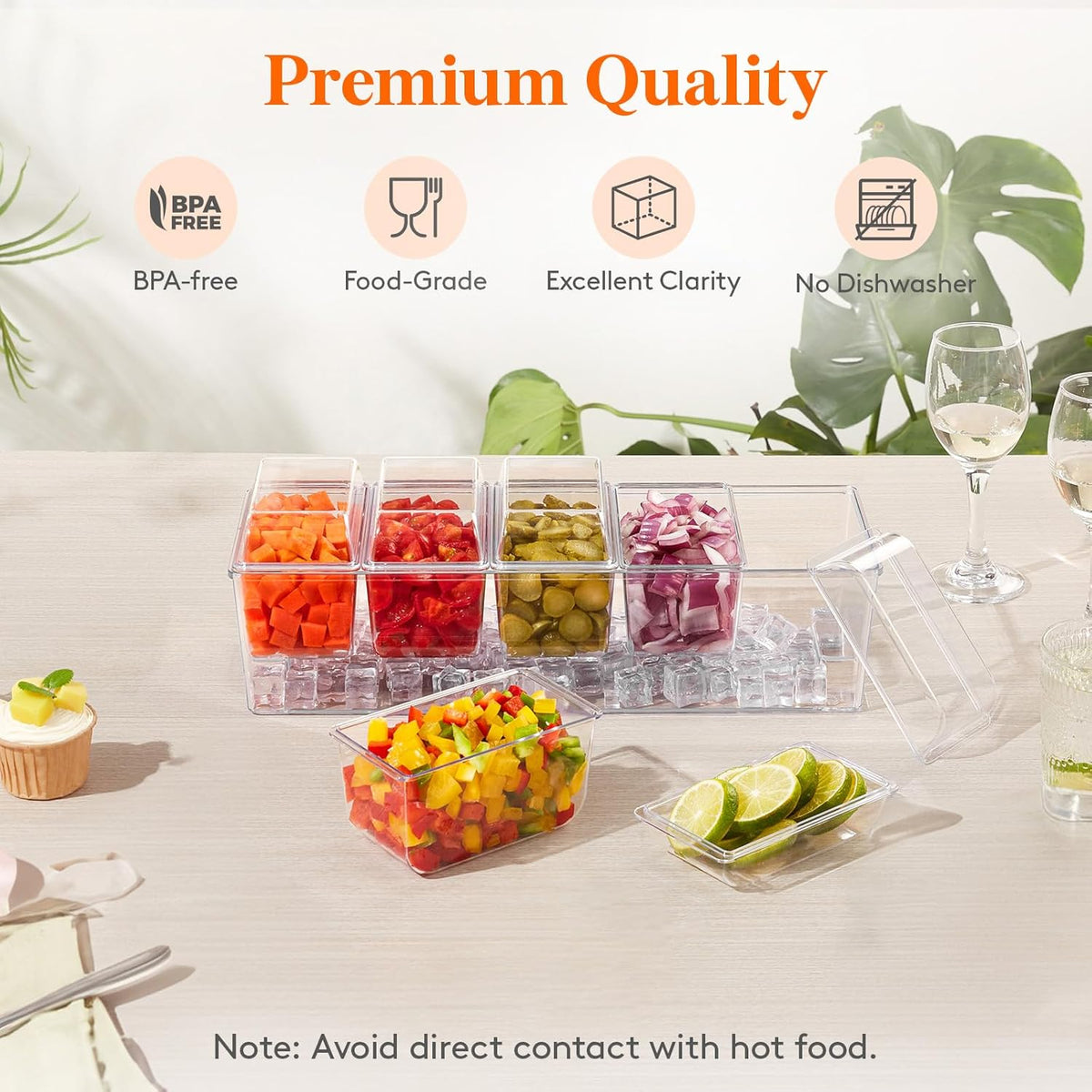 Taco Bar Serving Set for Party with 4 x 20 oz Containers, Ice Chilled Condiment Caddy Organizer, Garnish Serving Tray Platter for Mimosa Bar Accessories, Fruit, Salad, Food