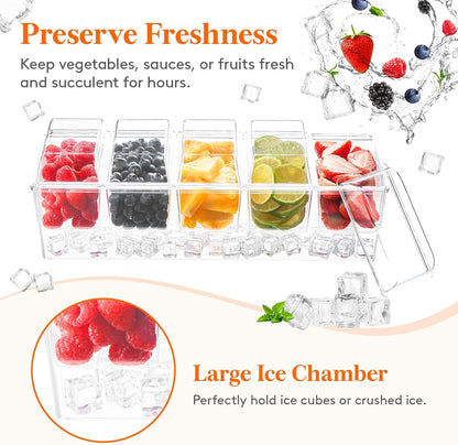 Taco Bar Serving Set for Party with 4 x 20 oz Containers, Ice Chilled Condiment Caddy Organizer, Garnish Serving Tray Platter for Mimosa Bar Accessories, Fruit, Salad, Food