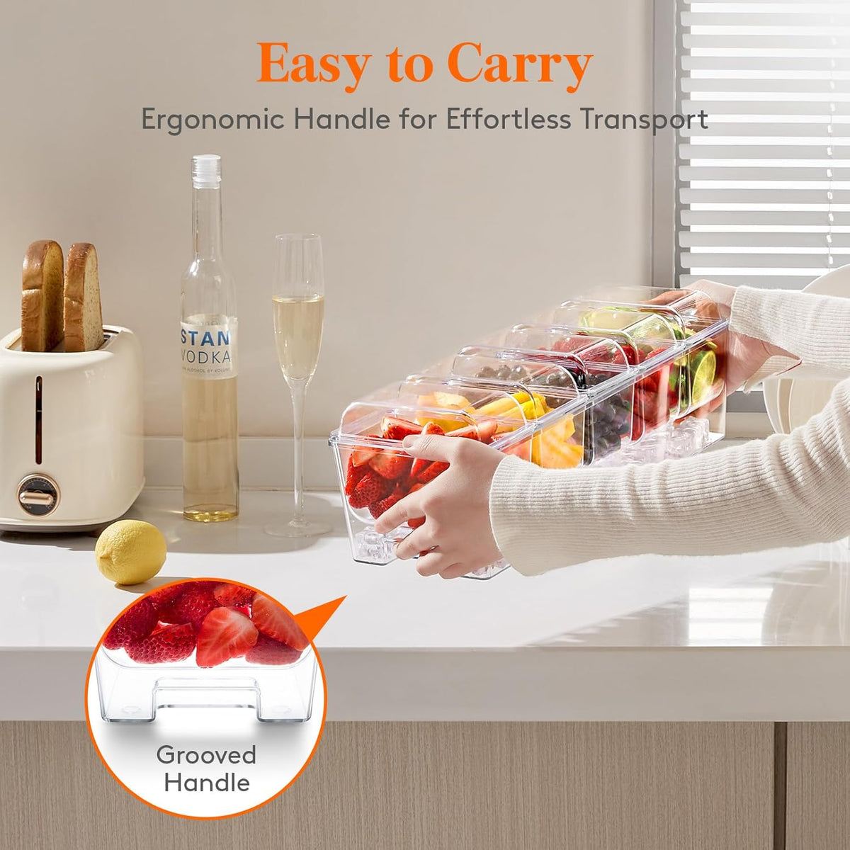 Taco Bar Serving Set for Party with 4 x 20 oz Containers, Ice Chilled Condiment Caddy Organizer, Garnish Serving Tray Platter for Mimosa Bar Accessories, Fruit, Salad, Food