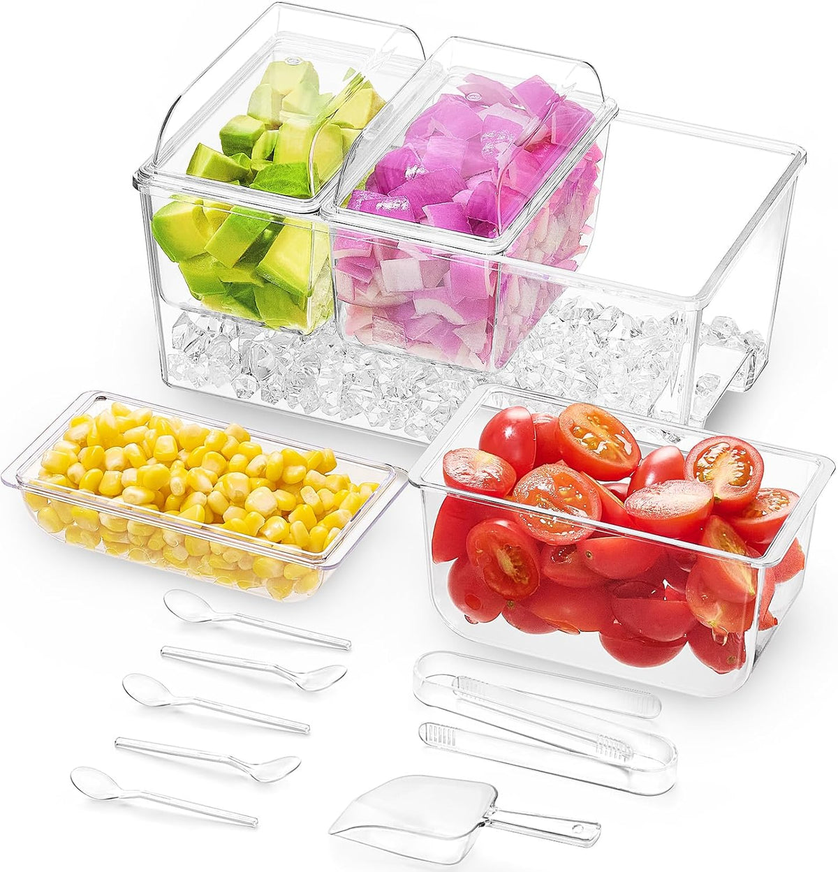 Taco Bar Serving Set for Party with 4 x 20 oz Containers, Ice Chilled Condiment Caddy Organizer, Garnish Serving Tray Platter for Mimosa Bar Accessories, Fruit, Salad, Food