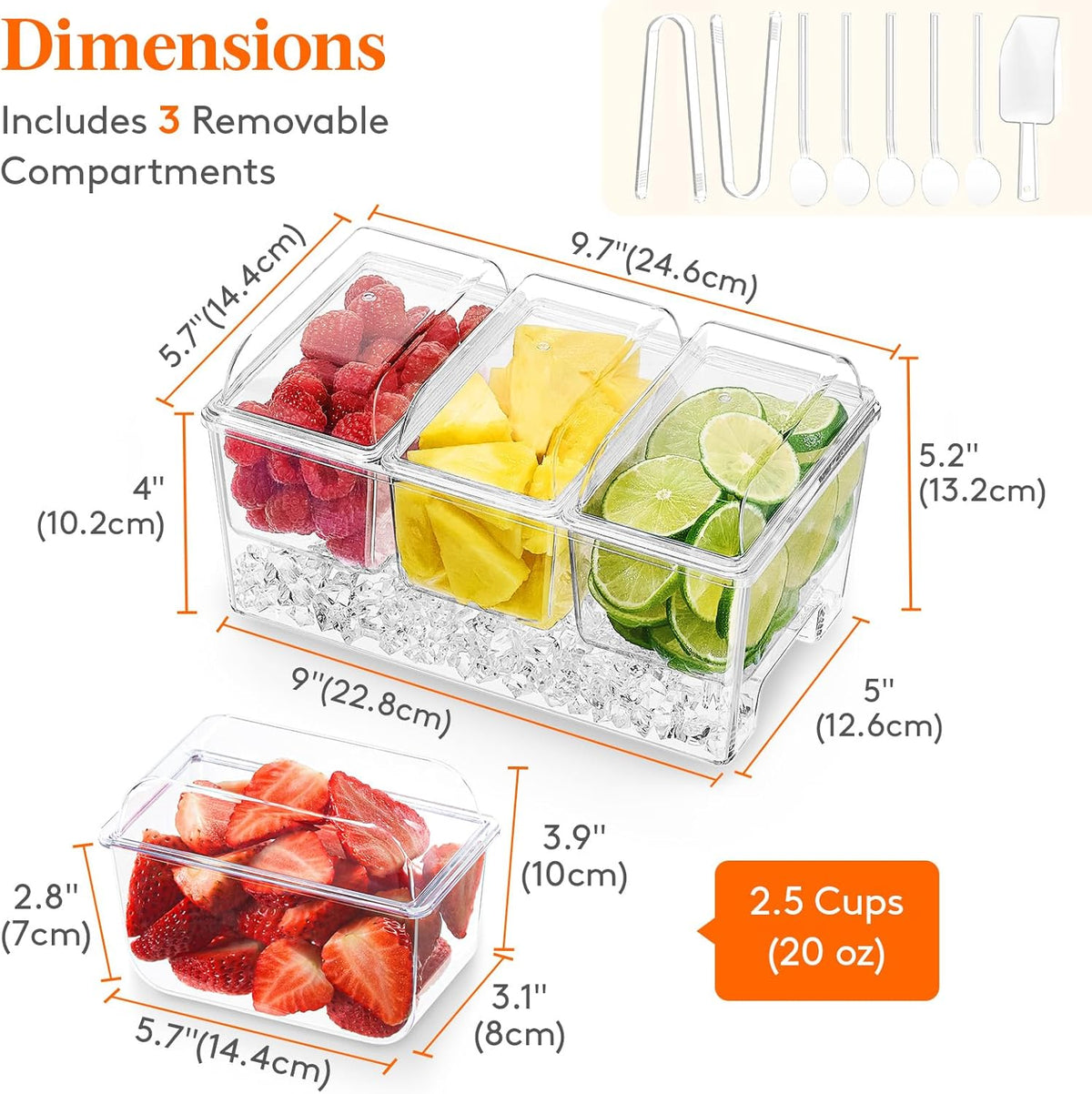Taco Bar Serving Set for Party with 4 x 20 oz Containers, Ice Chilled Condiment Caddy Organizer, Garnish Serving Tray Platter for Mimosa Bar Accessories, Fruit, Salad, Food