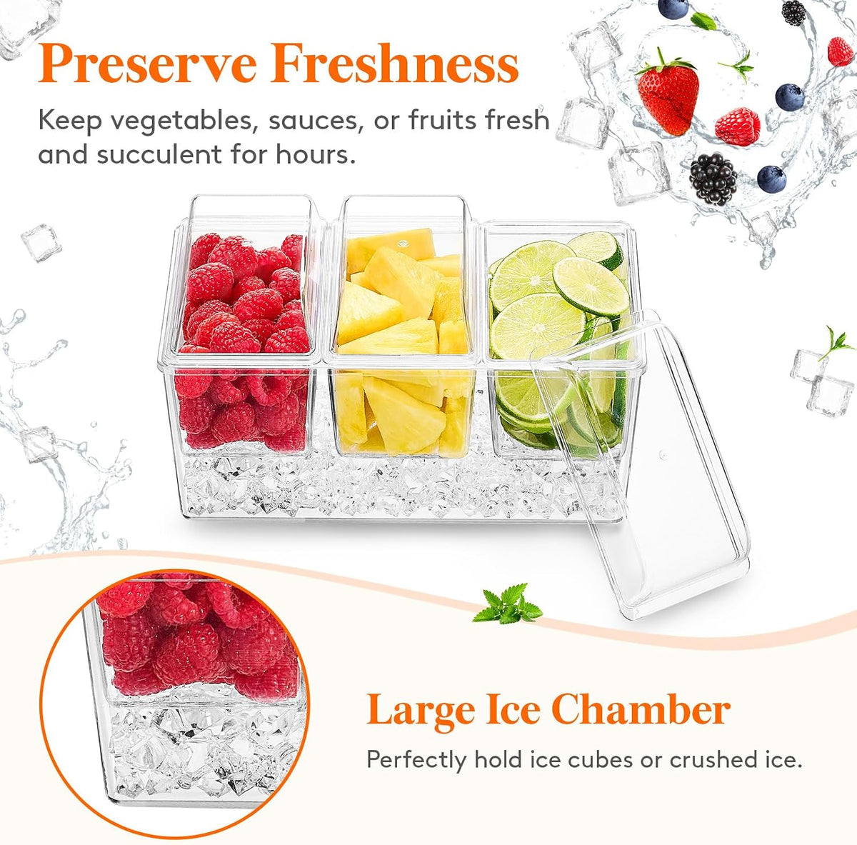 Taco Bar Serving Set for Party with 4 x 20 oz Containers, Ice Chilled Condiment Caddy Organizer, Garnish Serving Tray Platter for Mimosa Bar Accessories, Fruit, Salad, Food