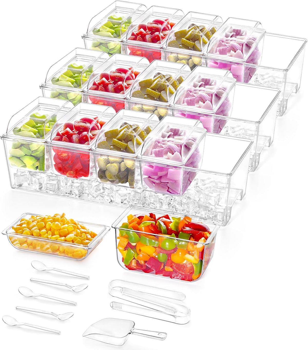 Taco Bar Serving Set for Party with 4 x 20 oz Containers, Ice Chilled Condiment Caddy Organizer, Garnish Serving Tray Platter for Mimosa Bar Accessories, Fruit, Salad, Food