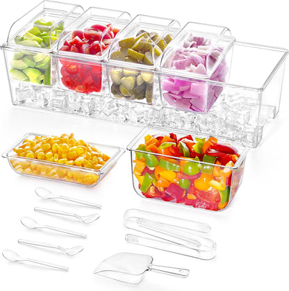 Taco Bar Serving Set for Party with 4 x 20 oz Containers, Ice Chilled Condiment Caddy Organizer, Garnish Serving Tray Platter for Mimosa Bar Accessories, Fruit, Salad, Food