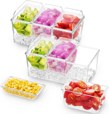 Taco Bar Serving Set for Party with 4 x 20 oz Containers, Ice Chilled Condiment Caddy Organizer, Garnish Serving Tray Platter for Mimosa Bar Accessories, Fruit, Salad, Food
