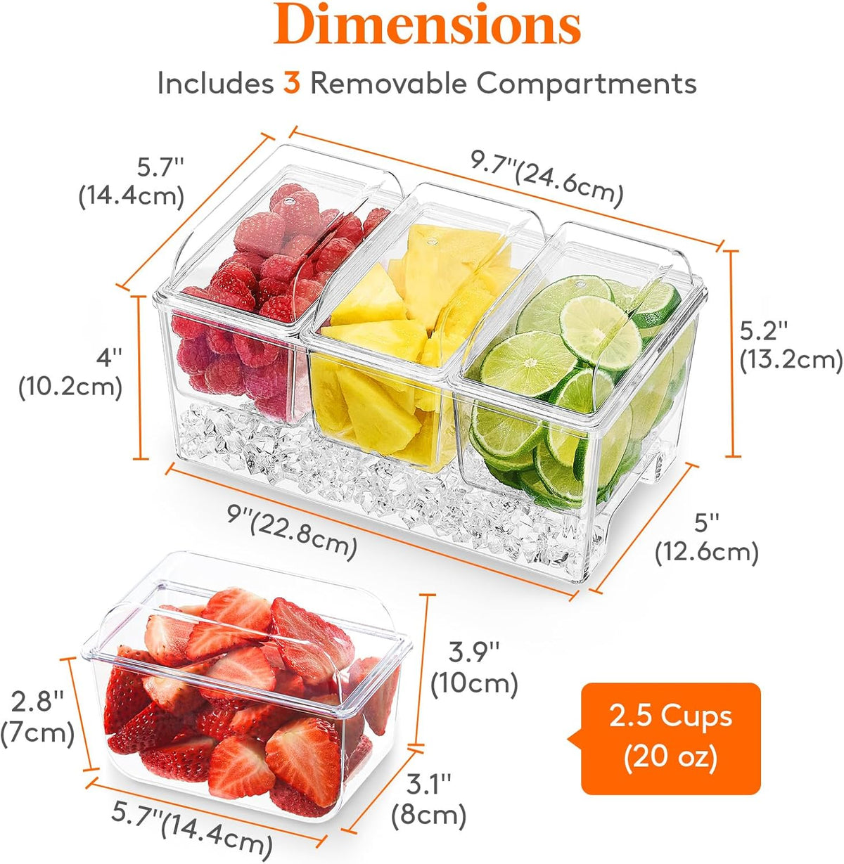 Taco Bar Serving Set for Party with 4 x 20 oz Containers, Ice Chilled Condiment Caddy Organizer, Garnish Serving Tray Platter for Mimosa Bar Accessories, Fruit, Salad, Food