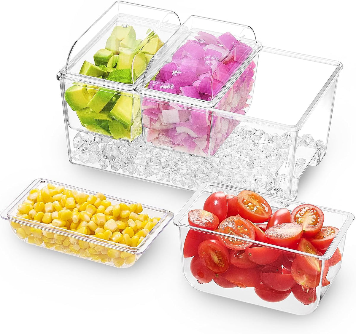 Taco Bar Serving Set for Party with 4 x 20 oz Containers, Ice Chilled Condiment Caddy Organizer, Garnish Serving Tray Platter for Mimosa Bar Accessories, Fruit, Salad, Food