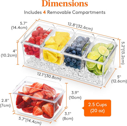 Taco Bar Serving Set for Party with 4 x 20 oz Containers, Ice Chilled Condiment Caddy Organizer, Garnish Serving Tray Platter for Mimosa Bar Accessories, Fruit, Salad, Food
