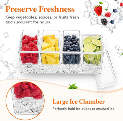 Taco Bar Serving Set for Party with 4 x 20 oz Containers, Ice Chilled Condiment Caddy Organizer, Garnish Serving Tray Platter for Mimosa Bar Accessories, Fruit, Salad, Food