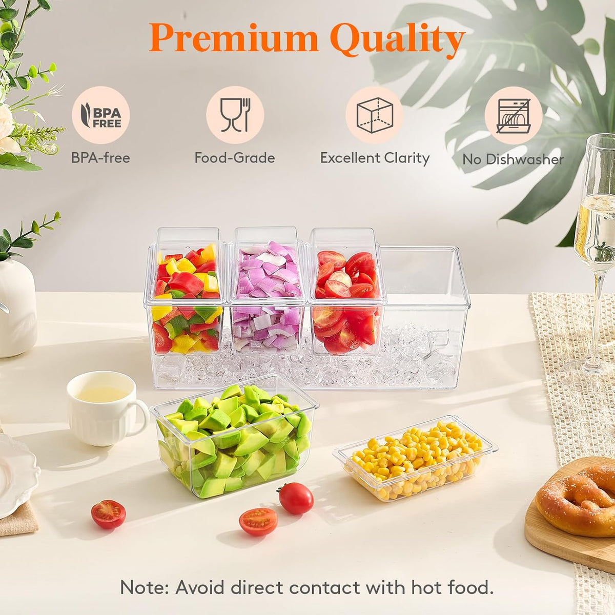 Taco Bar Serving Set for Party with 4 x 20 oz Containers, Ice Chilled Condiment Caddy Organizer, Garnish Serving Tray Platter for Mimosa Bar Accessories, Fruit, Salad, Food