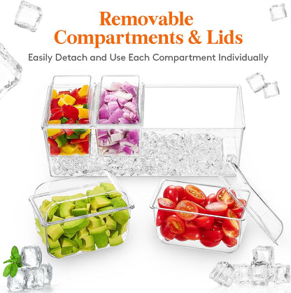 Taco Bar Serving Set for Party with 4 x 20 oz Containers, Ice Chilled Condiment Caddy Organizer, Garnish Serving Tray Platter for Mimosa Bar Accessories, Fruit, Salad, Food