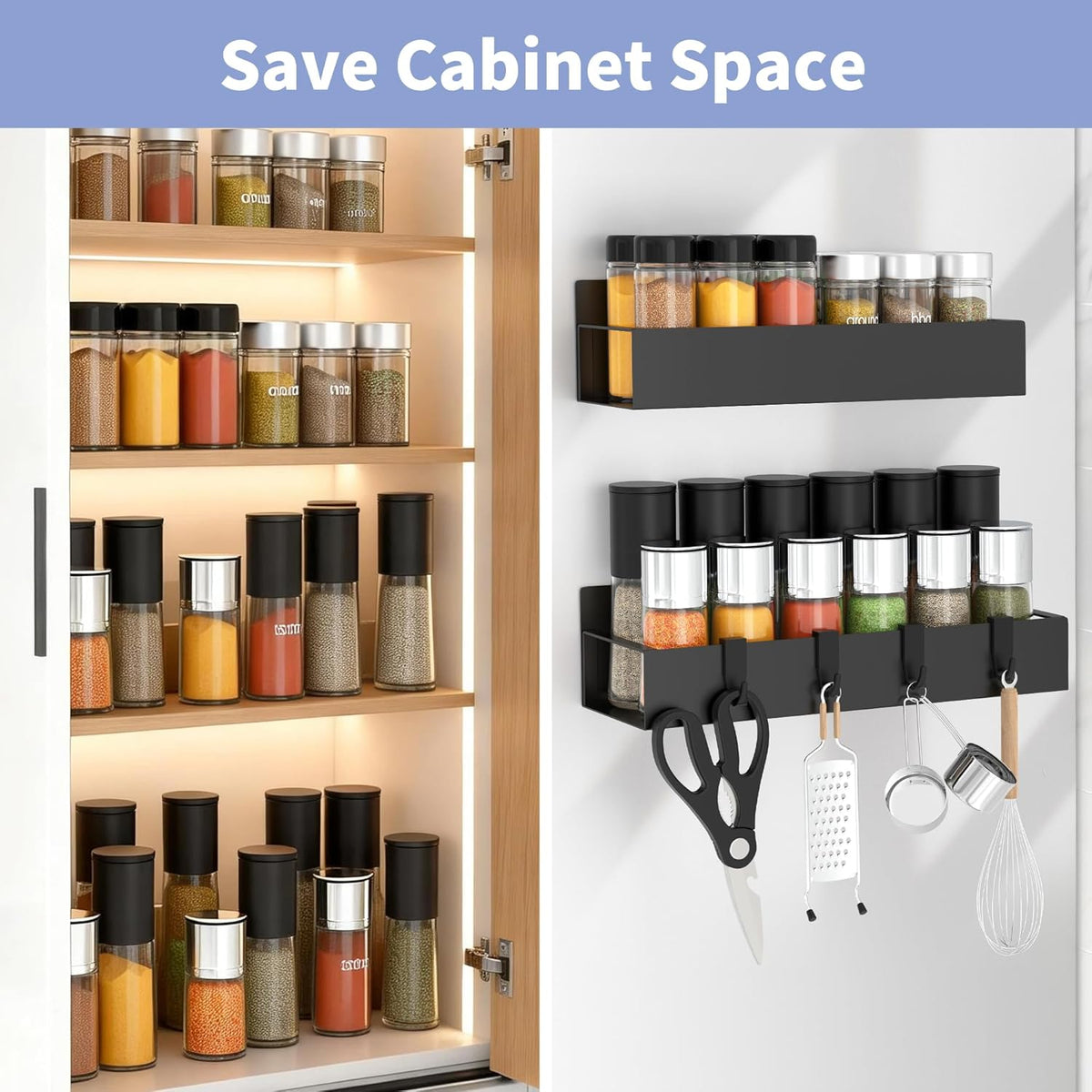 2 Pack Magnetic Spice Rack for Refrigerator Black | Magnetic Cup Holder for Fridge, Magnetic Fridge Shelf with Hooks, Kids Sippy Cup Holder Kitchen