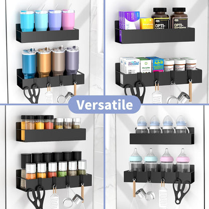 2 Pack Magnetic Spice Rack for Refrigerator Black | Magnetic Cup Holder for Fridge, Magnetic Fridge Shelf with Hooks, Kids Sippy Cup Holder Kitchen