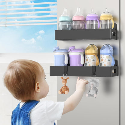 2 Pack Magnetic Spice Rack for Refrigerator Black | Magnetic Cup Holder for Fridge, Magnetic Fridge Shelf with Hooks, Kids Sippy Cup Holder Kitchen