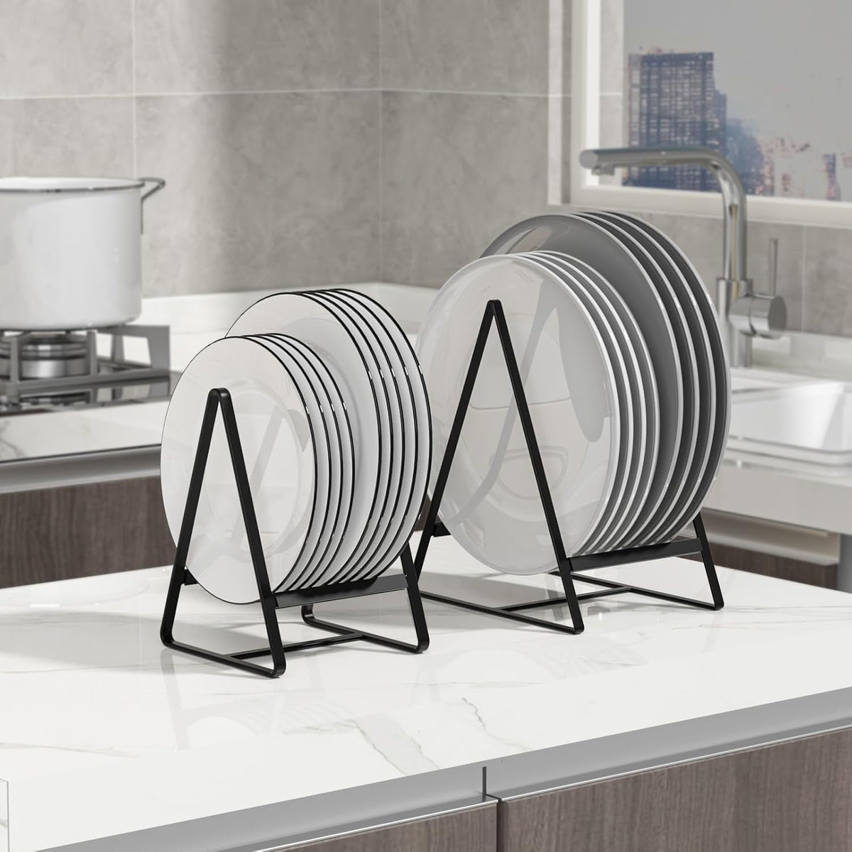 2 Pack Triangle Plate Holders Organizers Large Upright Cabinet Dish Drying Racks Metal Plate Dish Organizers Racks Stands for Countertop and Cupboard Black
