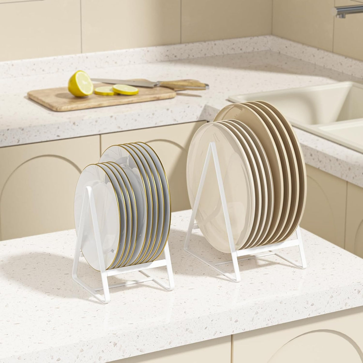 2 Pack Triangle Plate Holders Organizers Large Upright Cabinet Dish Drying Racks Metal Plate Dish Organizers Racks Stands for Countertop and Cupboard Black