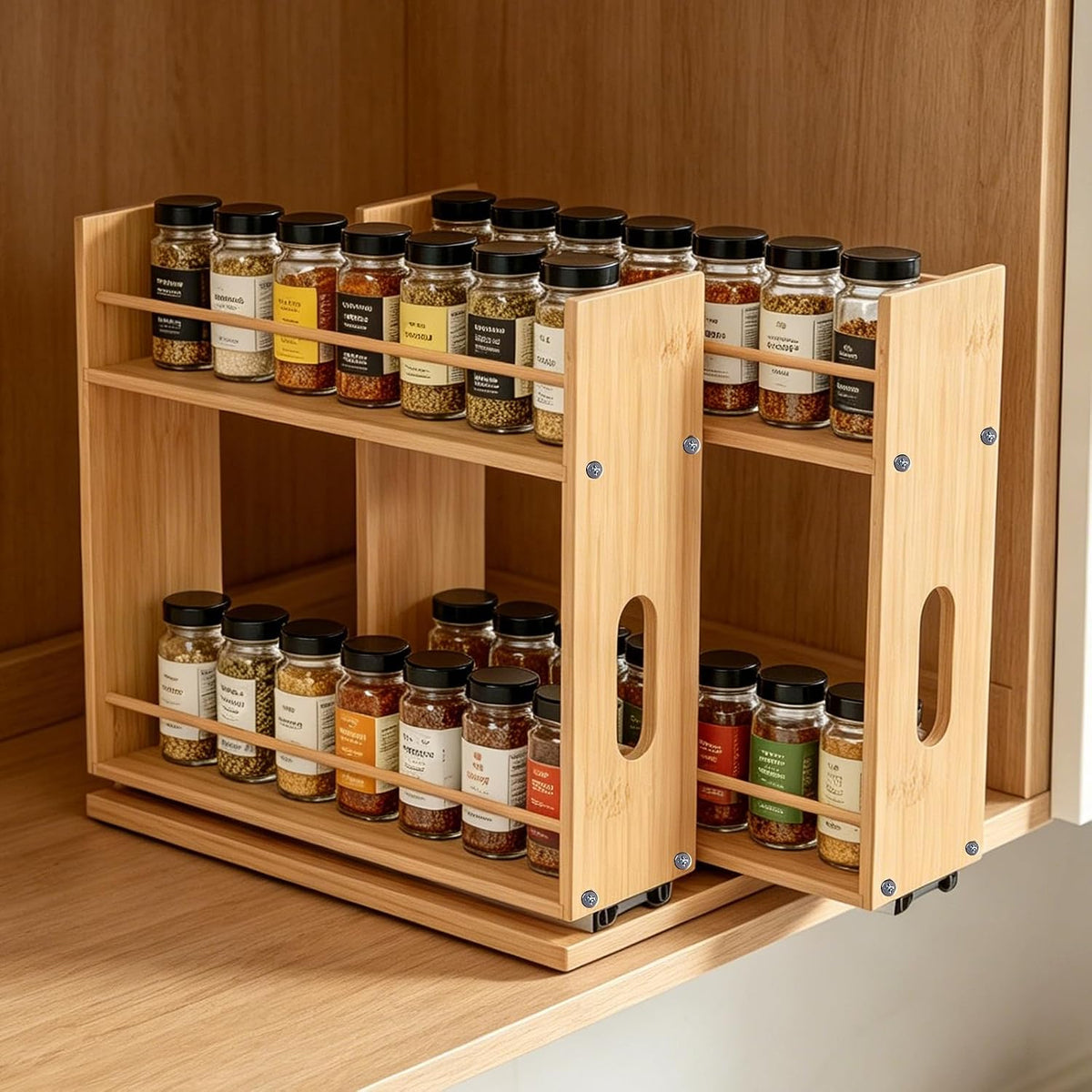 Bamboo Spice Rack Organizer for Cabinet, Pull Out Seasoning Rack Kitchen Spice Organizer, Sliding Spicy Shelf Pantry Countertop Vertical Organization, 2 Drawers, 2-Tier