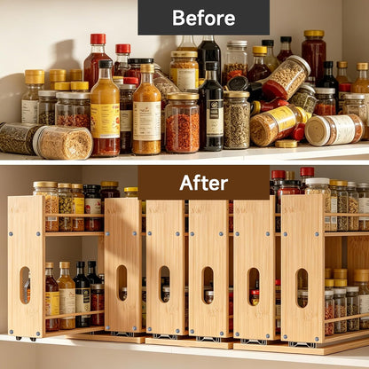 Bamboo Spice Rack Organizer for Cabinet, Pull Out Seasoning Rack Kitchen Spice Organizer, Sliding Spicy Shelf Pantry Countertop Vertical Organization, 2 Drawers, 2-Tier