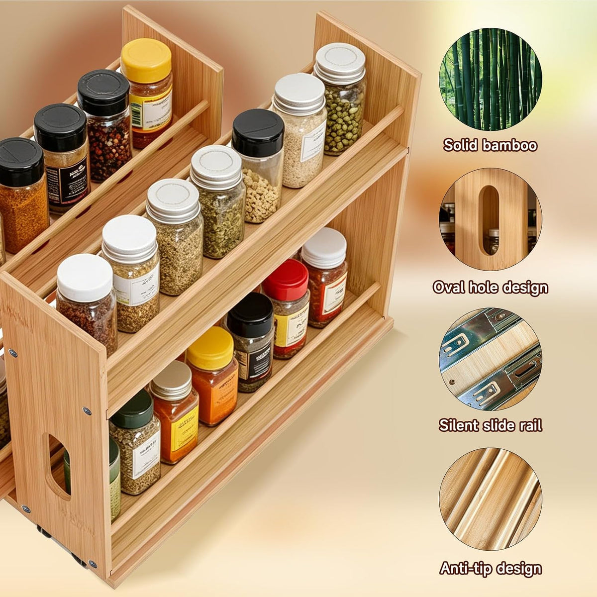 Bamboo Spice Rack Organizer for Cabinet, Pull Out Seasoning Rack Kitchen Spice Organizer, Sliding Spicy Shelf Pantry Countertop Vertical Organization, 2 Drawers, 2-Tier