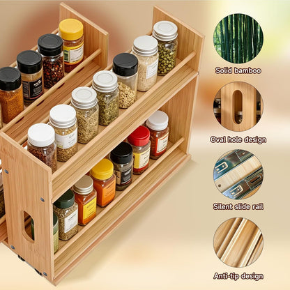 Bamboo Spice Rack Organizer for Cabinet, Pull Out Seasoning Rack Kitchen Spice Organizer, Sliding Spicy Shelf Pantry Countertop Vertical Organization, 2 Drawers, 2-Tier