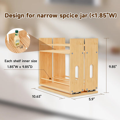 Bamboo Spice Rack Organizer for Cabinet, Pull Out Seasoning Rack Kitchen Spice Organizer, Sliding Spicy Shelf Pantry Countertop Vertical Organization, 2 Drawers, 2-Tier