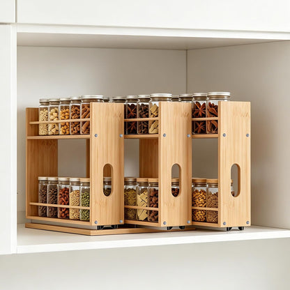 Bamboo Spice Rack Organizer for Cabinet, Pull Out Seasoning Rack Kitchen Spice Organizer, Sliding Spicy Shelf Pantry Countertop Vertical Organization, 2 Drawers, 2-Tier