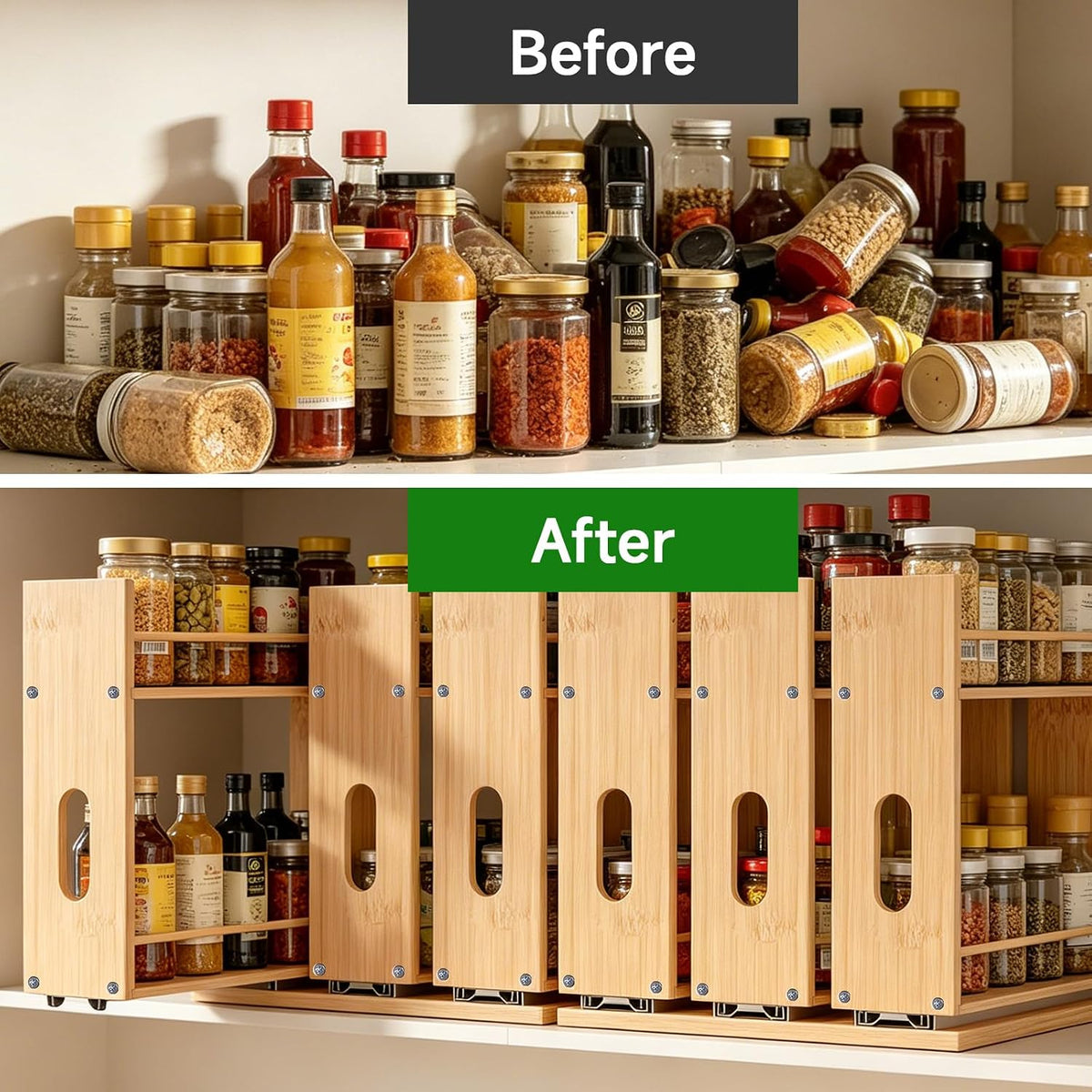 Bamboo Spice Rack Organizer for Cabinet, Pull Out Seasoning Rack Kitchen Spice Organizer, Sliding Spicy Shelf Pantry Countertop Vertical Organization, 2 Drawers, 2-Tier