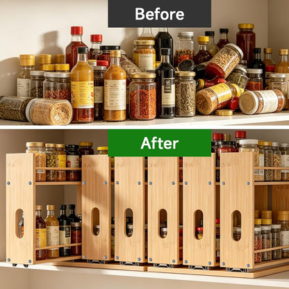 Bamboo Spice Rack Organizer for Cabinet, Pull Out Seasoning Rack Kitchen Spice Organizer, Sliding Spicy Shelf Pantry Countertop Vertical Organization, 2 Drawers, 2-Tier