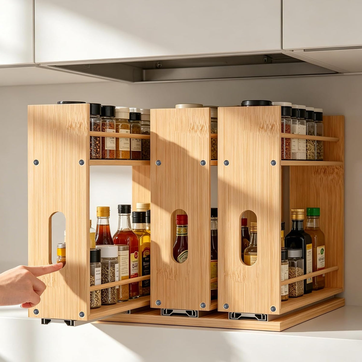 Bamboo Spice Rack Organizer for Cabinet, Pull Out Seasoning Rack Kitchen Spice Organizer, Sliding Spicy Shelf Pantry Countertop Vertical Organization, 2 Drawers, 2-Tier