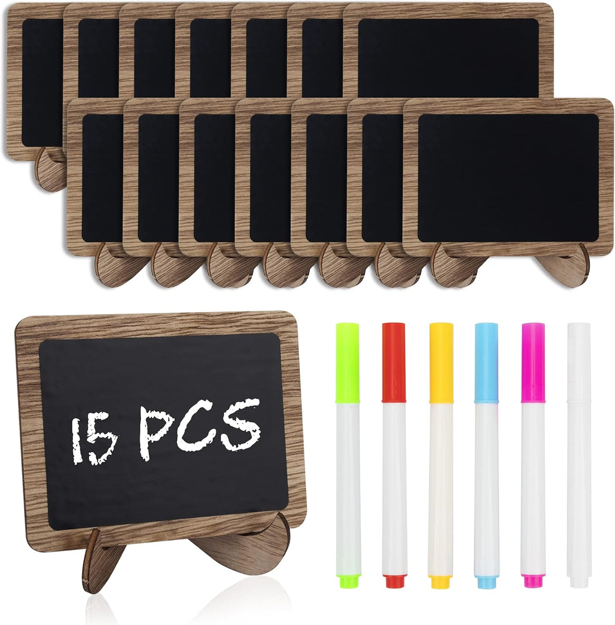 15 Pcs Mini Chalkboard Sign with 6 Color Chalk Markers, 2.9″ x 3.9″ Wooden Blackboard Reusable Small Chalkboards for Food, Buffet, Message Board, Table Number (Rustic Brown)