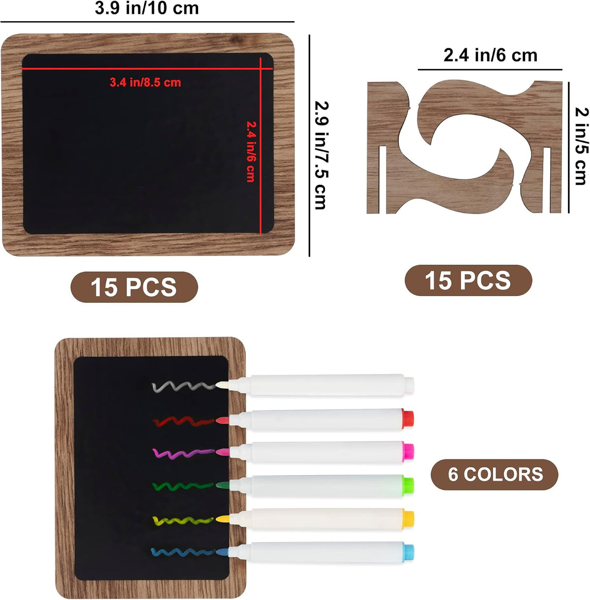 15 Pcs Mini Chalkboard Sign with 6 Color Chalk Markers, 2.9″ x 3.9″ Wooden Blackboard Reusable Small Chalkboards for Food, Buffet, Message Board, Table Number (Rustic Brown)