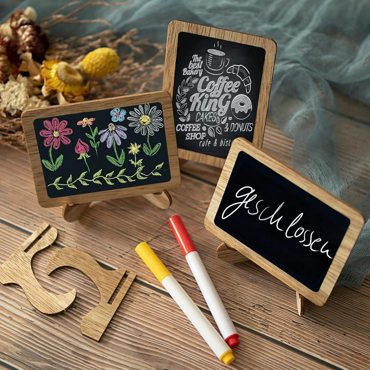 15 Pcs Mini Chalkboard Sign with 6 Color Chalk Markers, 2.9″ x 3.9″ Wooden Blackboard Reusable Small Chalkboards for Food, Buffet, Message Board, Table Number (Rustic Brown)