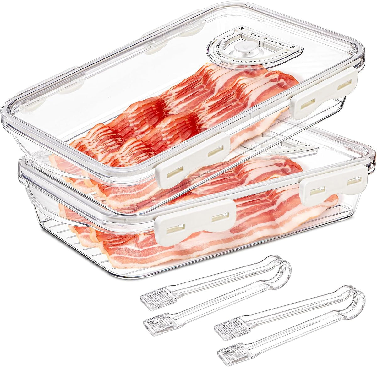 2 Pack Bacon Container for Refrigerator, Plastic Cheese & Deli Meat Container with Air-sealed Tight Lids for Fridge, Bacon Keeper with Food Serving Tongs Cold Cuts Food Storage Organizer