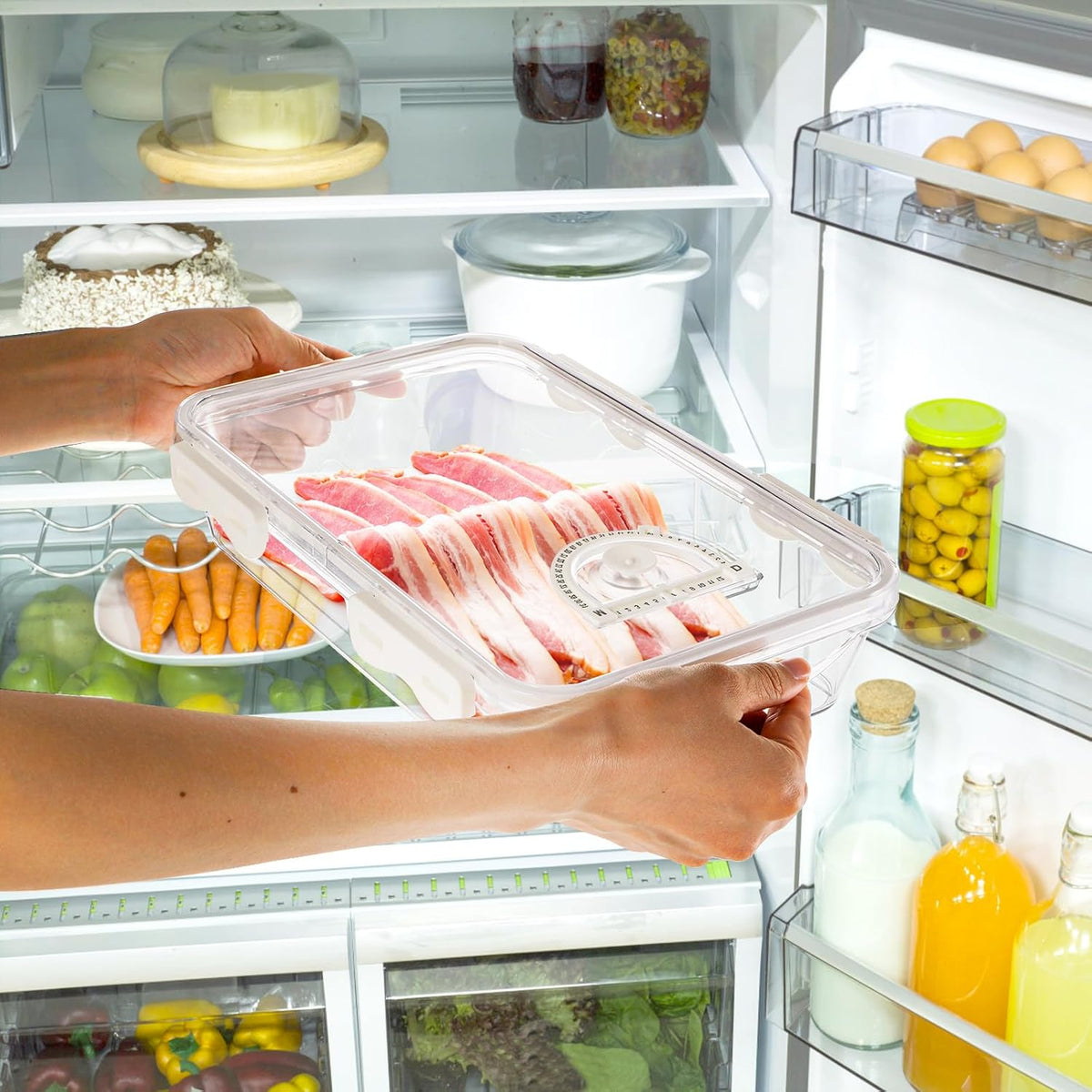 2 Pack Bacon Container for Refrigerator, Plastic Cheese & Deli Meat Container with Air-sealed Tight Lids for Fridge, Bacon Keeper with Food Serving Tongs Cold Cuts Food Storage Organizer