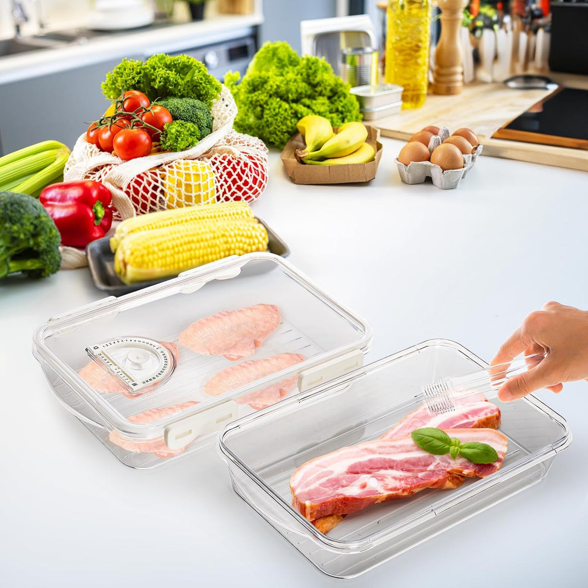 2 Pack Bacon Container for Refrigerator, Plastic Cheese & Deli Meat Container with Air-sealed Tight Lids for Fridge, Bacon Keeper with Food Serving Tongs Cold Cuts Food Storage Organizer