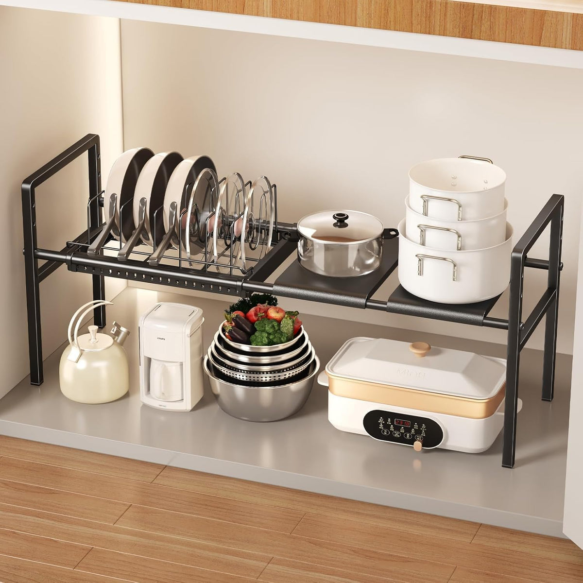 Pots and Pans Organizer Under Cabinet, Expandable 2 Tier Under Sink Organizers and Storage Adjustable Height Kitchen Pot and Pan Lid Holder Rack with 12 Dividers Under Cabinet Shelf(Black)