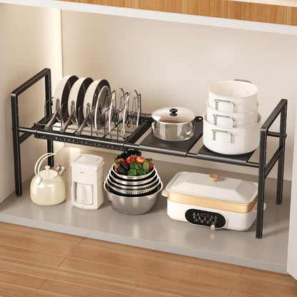 Pots and Pans Organizer Under Cabinet, Expandable 2 Tier Under Sink Organizers and Storage Adjustable Height Kitchen Pot and Pan Lid Holder Rack with 12 Dividers Under Cabinet Shelf(Black)