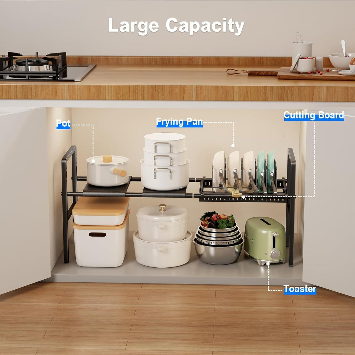 Pots and Pans Organizer Under Cabinet, Expandable 2 Tier Under Sink Organizers and Storage Adjustable Height Kitchen Pot and Pan Lid Holder Rack with 12 Dividers Under Cabinet Shelf(Black)