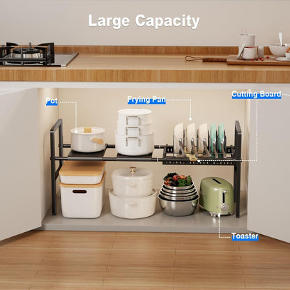Pots and Pans Organizer Under Cabinet, Expandable 2 Tier Under Sink Organizers and Storage Adjustable Height Kitchen Pot and Pan Lid Holder Rack with 12 Dividers Under Cabinet Shelf(Black)