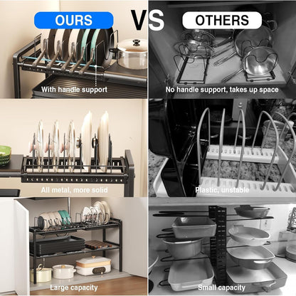 Pots and Pans Organizer Under Cabinet, Expandable 2 Tier Under Sink Organizers and Storage Adjustable Height Kitchen Pot and Pan Lid Holder Rack with 12 Dividers Under Cabinet Shelf(Black)